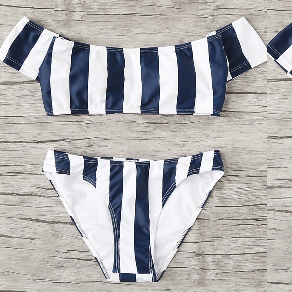Fierce Broad Other - Navy Striped Off Shoulder Bikini Set